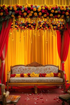 Indian wedding stage decorated with yellow and red flowers, sofa in the middle of flower garland backdrop