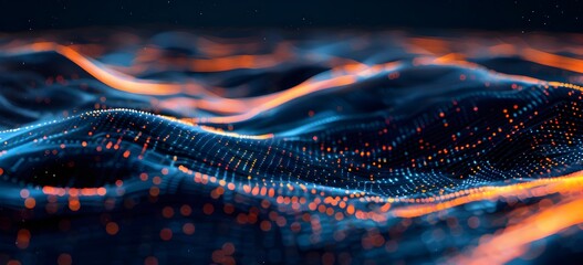 Aufkleber - Abstract background with dark blue and orange glowing lines, digital waves of light and dots forming an abstract pattern on the surface of water, representing data technology or global network connect