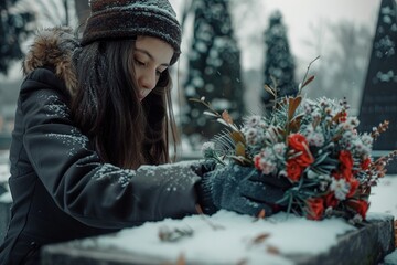 Wall Mural - Mourning young woman laying flowers on grave in cemetery on snowy winter day. Mourn, grief and respect respect for dead person