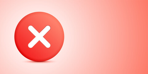 Rejection notification red icon with a white X mark, symbolizing an error or mistake, on a gradient red background with copy space, vector banner.