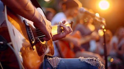 Musicians playing acoustic instruments at a summer music festival, intimate performance, outdoor stage, audience, relaxation