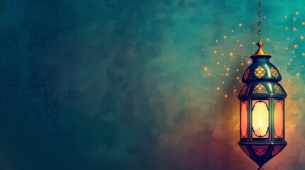 Wall Mural - Traditional arab culture symbols: islamic lanterns and lamps against ornate background with text area, celebrating the spirit of ramadan, eid mubarak, and eid al-adha
