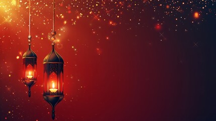 Wall Mural - Traditional arab culture symbols: islamic lanterns and lamps against ornate background with text area, celebrating the spirit of ramadan, eid mubarak, and eid al-adha