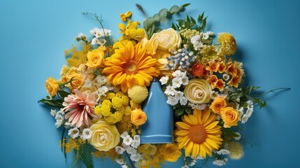 Poster - Creative circle of yellow flowers and cleaning supplies on blue background