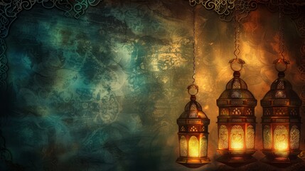 Wall Mural - Traditional arab culture symbols: islamic lanterns and lamps against ornate background with text area, celebrating the spirit of ramadan, eid mubarak, and eid al-adha