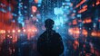 © Darya - A person stands in the foreground, their silhouette outlined against a blurry background of city lights and digital data