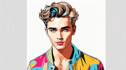 handsome guy pop art fashion with plain white backgrou background