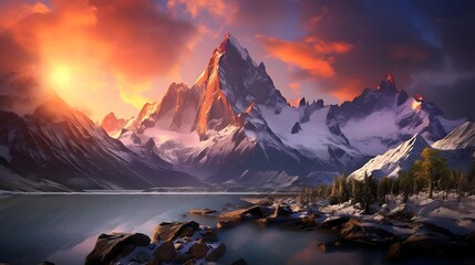 Panorama of Mount Fitz Roy at sunrise, Patagonia, Argentina