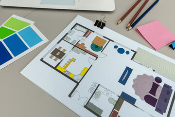 Wall Mural - architectural plan of the house with color palette guide catalog with colour swatches