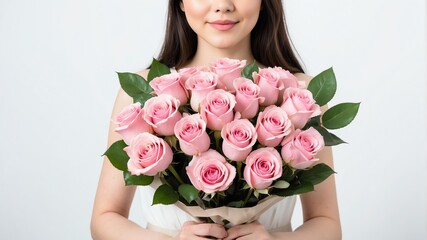 Wall Mural - woman holding pink roses bouquet with plain white bac background