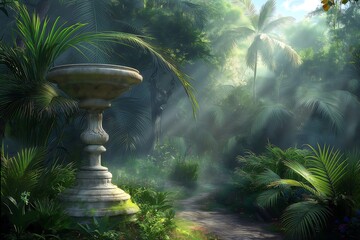 Wall Mural - Ornate Marble Birdbath in Sunlit Jungle Path Surrounded by Dense Foliage