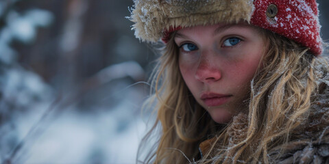 Wall Mural - A young woman with blonde hair and a red hat is standing in the snow. She has a red nose and is looking at the camera