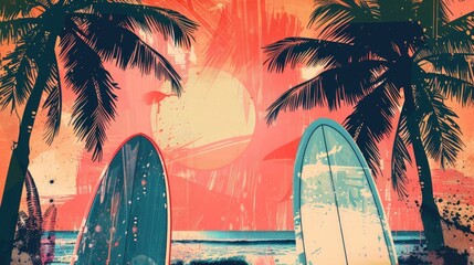 Wall Mural - Two surfboards are on the beach next to palm trees. The surfboards are blue and white