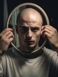 © vefimov - A man with a shaved head is looking into a mirror. He is holding his hands up to the mirror, and his reflection is visible. Concept of self-awareness and introspection