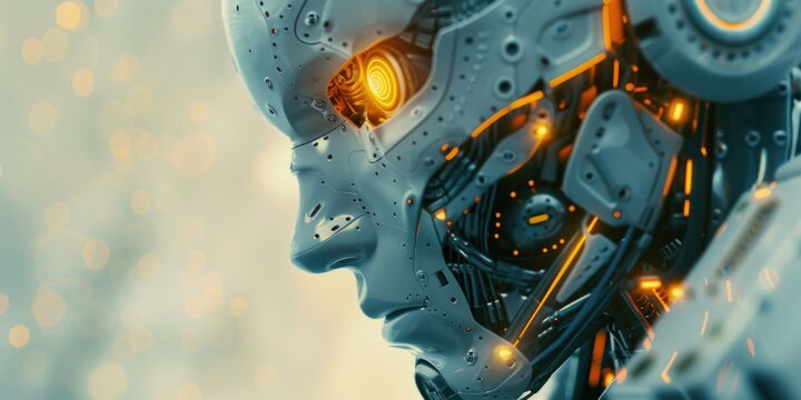 A robot with glowing eyes and a metallic face. The robot is designed to look like a human, but with a futuristic and mechanical appearance. Concept of technology and innovation