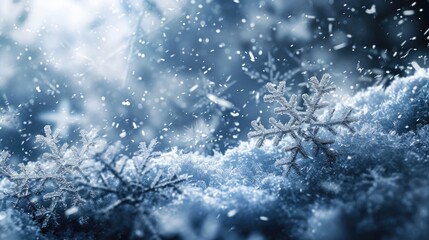 Wall Mural - A snow covered landscape with snowflakes falling from the sky. The snowflakes are scattered all over the ground, creating a serene and peaceful atmosphere