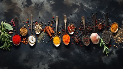 Wall Mural - Various spices spoons on stone table.