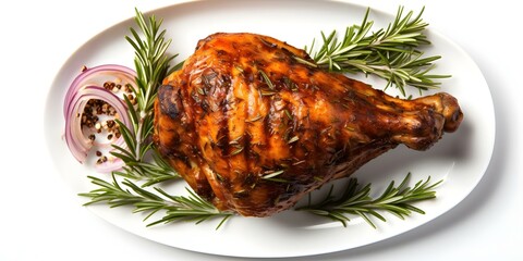 Poster - Top view of delicious grilled chicken leg on white background. Concept Food Photography, Top View, Grilled Chicken, White Background