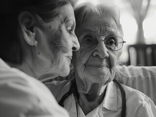 Poster - Two elderly women are hugging each other. One of them is wearing a white shirt and glasses. Scene is warm and affectionate