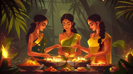 Wall Mural - Cartoon vector women preparing a grand Onam feast Onasadya Generative AI