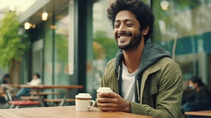 Wall Mural - A man is sitting at a table with a cup of coffee in front of him. He is smiling and he is enjoying his coffee