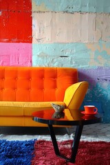 Wall Mural - A colorful couch and coffee table are in front of a colorful wall. The wall is painted in various colors, creating a vibrant and lively atmosphere. The scene suggests a cozy