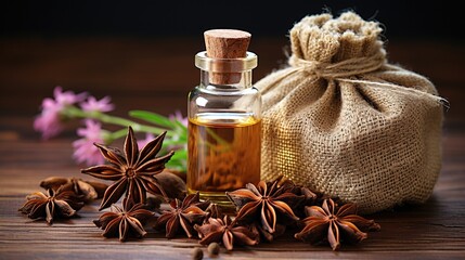 anise essential oil on burlap background