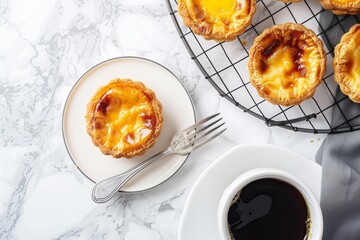 Wall Mural - Traditional Portuguese egg tart dessert Pasteis Pastel de nata on a cooling rack and ceramic plate with a fork, a cup of black coffee over a white marble background