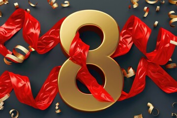 A gold number 8 is surrounded by red ribbon