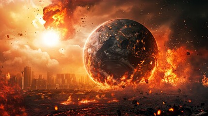 burning earth globe, end of the world, complete destruction of planet due to global warming, burning