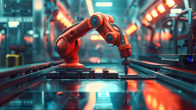 A red robotic arm works on a production line in a factory, performing a task with precision and speed