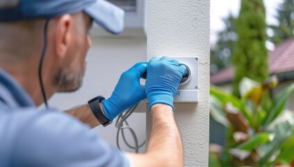 Secure Connections: Blue-Gloved Technician Installing Intercom System on Wall