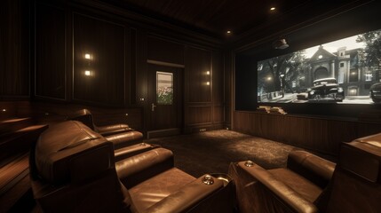 Wall Mural - A home theater room with plush seating and a built-in projector displaying classic movies on a dedicated screen. 