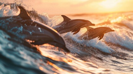 Wall Mural - Three dolphins are swimming in the ocean, with one of them jumping out of the water. The scene is lively and energetic, with the dolphins playing and enjoying themselves in the waves