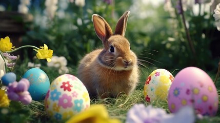 Wall Mural - A rabbit is sitting in front of a bunch of Easter eggs. The scene is bright and cheerful, with the bunny and eggs adding a sense of playfulness and joy to the image
