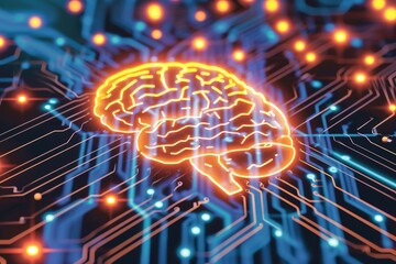 Wall Mural - A brain is shown on a computer circuit board. The brain is glowing in orange and blue. Concept of technology and the human brain, and the mood is futuristic and intriguing