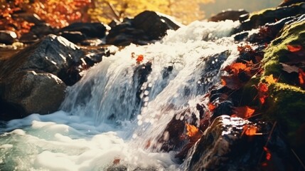 Wall Mural - A waterfall flows over rocks in a serene forest setting