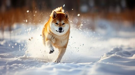 Wall Mural - A dog runs through snowy woods, capturing winter scenery