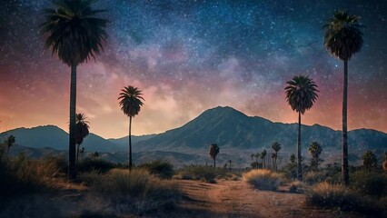 Night view with palm trees in the milky way and stars in the night sky