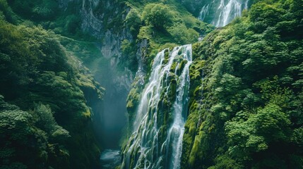 Wall Mural - A serene waterfall surrounded by dense foliage and vibrant greenery