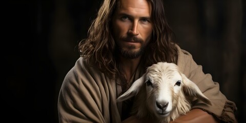 Depiction of Jesus Christ tenderly holding a lamb as a symbol of protection and care. Concept Religious Art, Jesus Christ, Lamb of God, Symbolism, Protection and Care