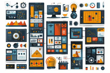 Wall Mural - E-commerce and prototype testing with Create a flat design concept of a startup team testing various e-commerce prototypes, with detailed product interfaces displayed on multiple screens, testing