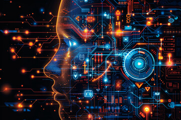 Wall Mural - Blockchain and artificial intelligence with Illustrate a modern startup seamlessly integrating blockchain and artificial intelligence technologies, with stylized icons, futuristic design elements,
