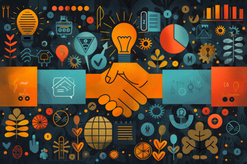 Wall Mural - Partnership development and startup funding with Design a flat design concept showing startup founders negotiating strategic partnership deals and securing funding, with detailed handshake, contract,
