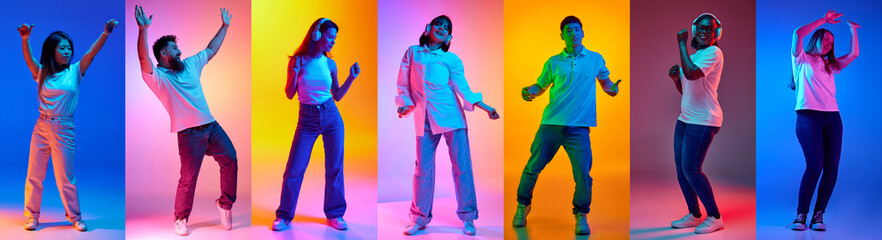 Collage. Overjoyed young people, men and woman different races dancing in neon light against multicolored vibrant background. Concept of human emotions, party, fashion and style, youth, lifestyle.