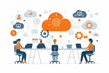 Wall Mural - Business automation and remote work with Design a detailed vector illustration of a startup team efficiently utilizing business automation tools while working remotely, with laptops, cloud icons,