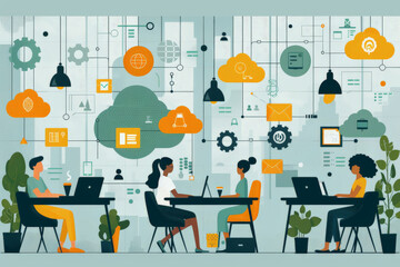 Wall Mural - Business automation and remote work with Design a detailed vector illustration of a startup team efficiently utilizing business automation tools while working remotely, with laptops, cloud icons,