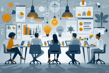 Wall Mural - Scalability and user experience with Design a detailed vector concept showing a startup team intensely focused on improving user experience to drive scalability, with user interface designs, growth
