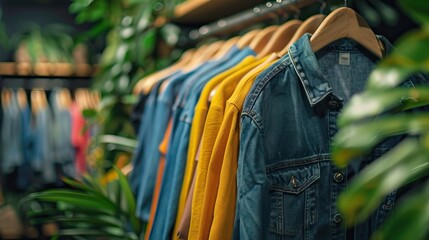 Wall Mural - Clothing rack with green and yellow shirts surrounded by indoor plants in natural light