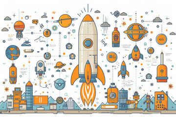 Wall Mural - Lean startup and product development with Create a flat design image of a startup team employing lean startup principles to streamline product development, with detailed development tools, lean